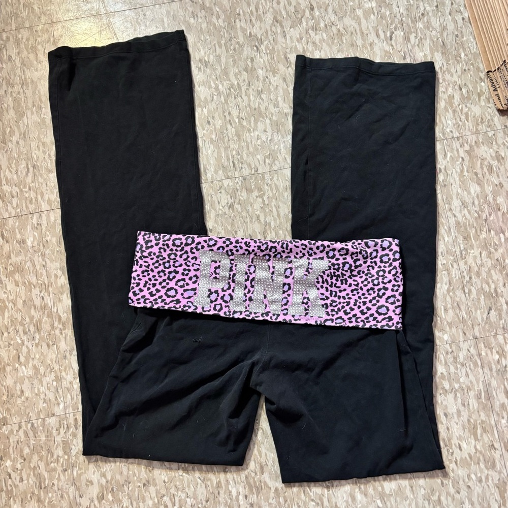 PINK Victoria's Secret Black foldover Leggings with Purple Leopard Waistband